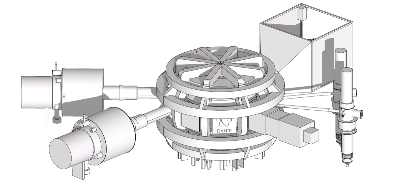 DANTE 3D model general view, showing the core tokamak surrounded by neutral beam injectors, gyrotrons, an isotope-production cassette carrier and a component test module
