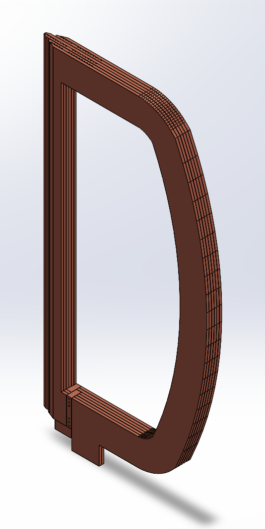 DANTE toroidal-field coil general view, a D-shaped copper coil built from milled busbar turns