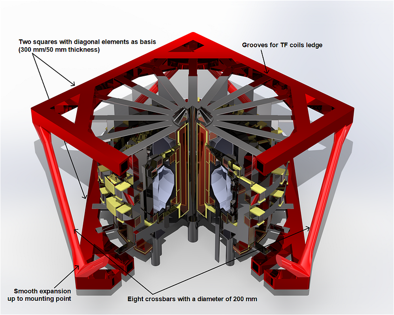 3D model of the external NTT tokamak support structure highlighted in red