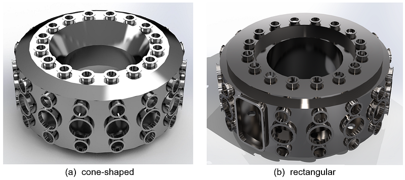 3D models of two NTT vacuum vessel designs: cone-shaped and rectangular configurations