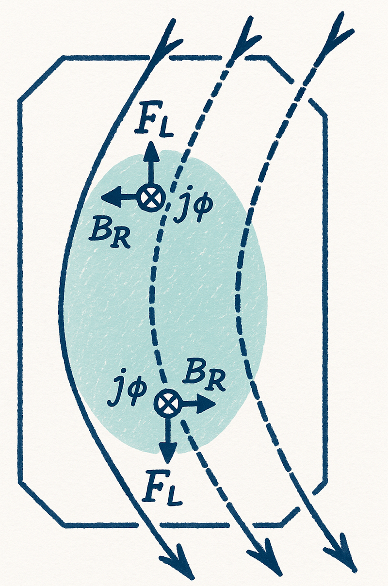 Schematic illustration of the vertical instability of the tokamak plasma column